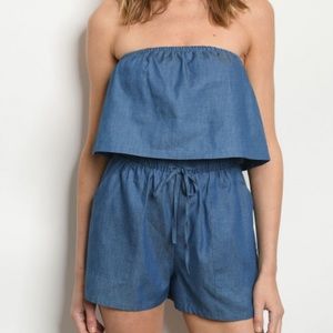 Off the Shoulder Denim Two-Piece Short Set with Ruffle Top and Elastic Waistband
